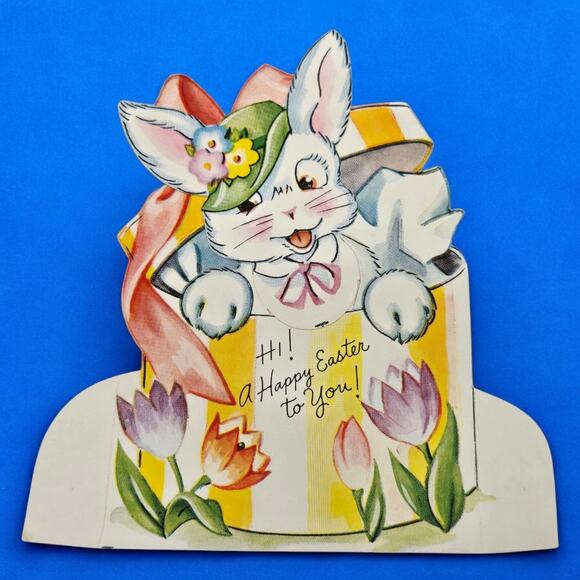 Mechanical Easter A-Meri-Card Vintage Die-Cut Bunny Rabbit in Hat Box Head Moves - Picture 5 of 11